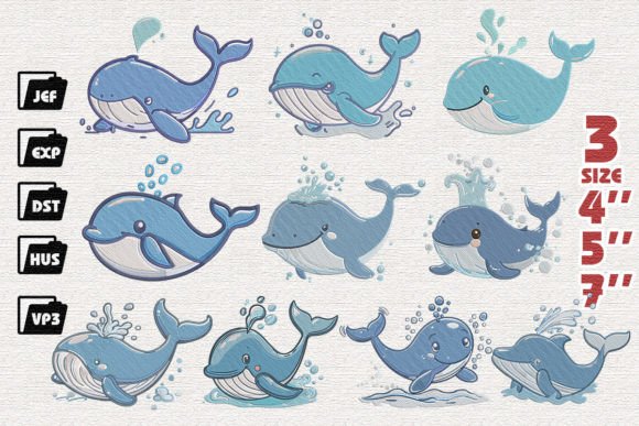 Set of 10 Cute Blue Whales